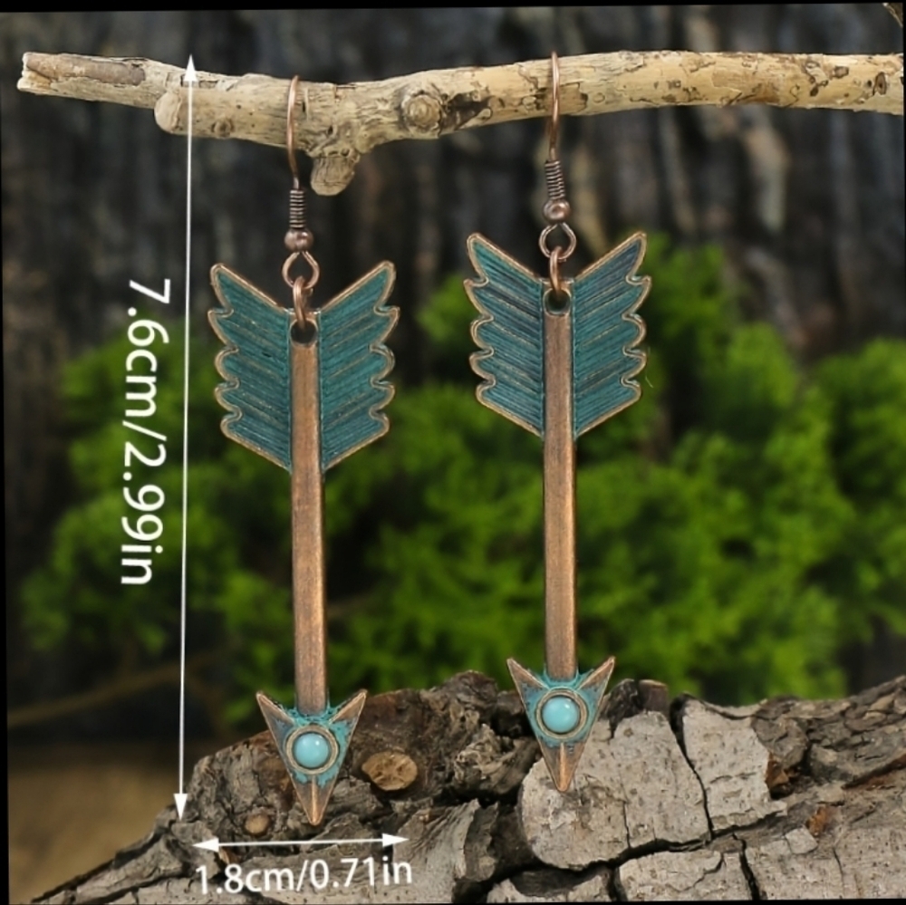 Turquoise Patina, Turquoise Bead Copper Arrow Earrings - Picture 6 of 6